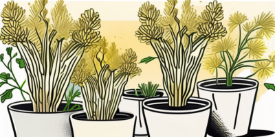 Golden celery plants thriving in various types of containers and pots