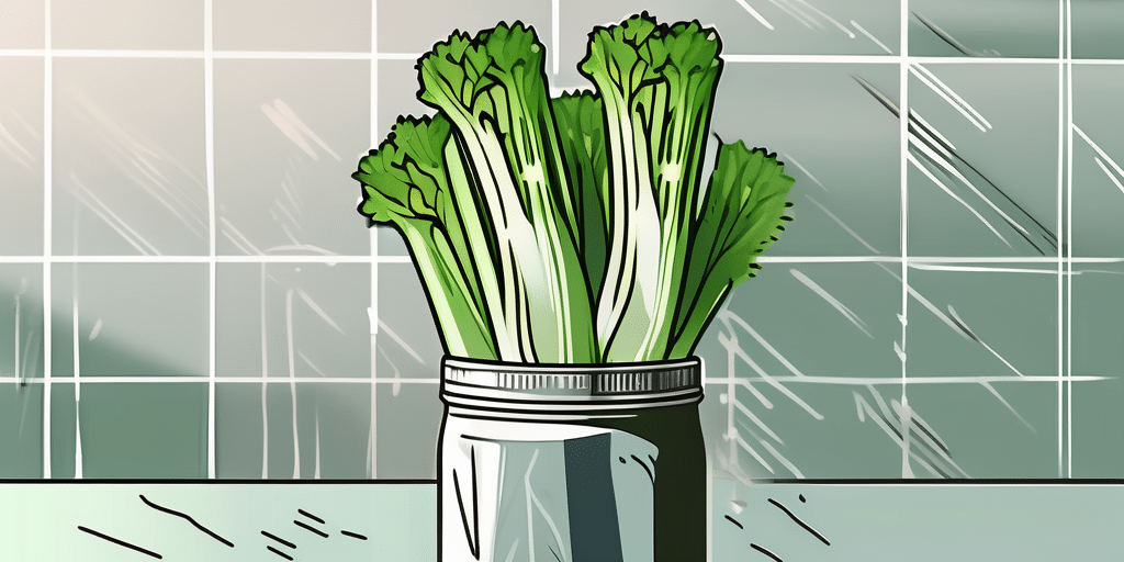 Fresh celery stalks being stored in a glass jar filled with water