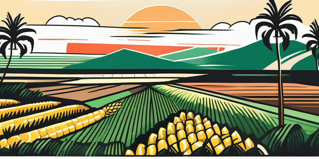 A fertile hawaiian landscape with a corn field in the foreground
