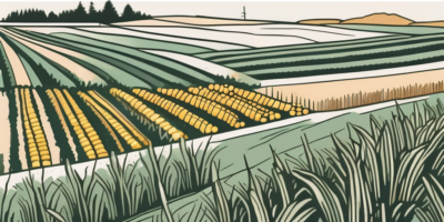 A scenic maine landscape featuring fertile fields with rows of corn at different stages of growth