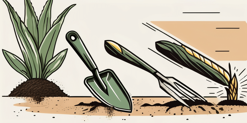 A pair of gardening tools next to a healthy