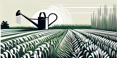 A lush cornfield with bodacious corn plants being watered by an old-fashioned watering can