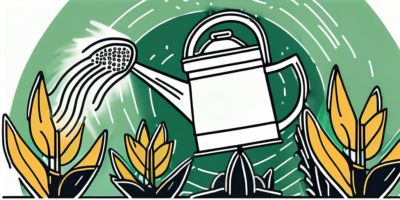 A watering can pouring water onto a lush trinity corn plant in a garden setting