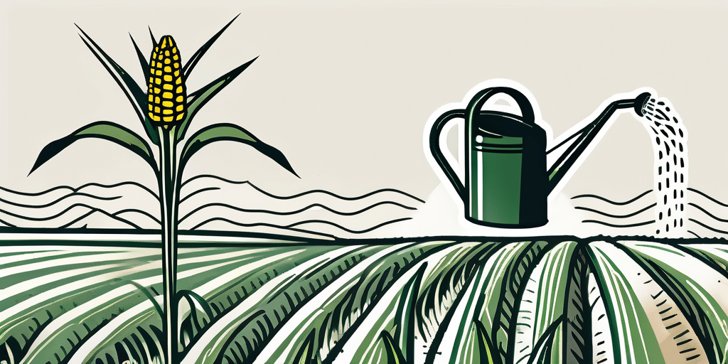 A corn field with a close-up view of a single serendipity corn stalk being fertilized by a watering can