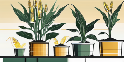 Several pots and containers filled with thriving honey select corn plants