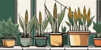 A few containers and pots with trinity corn plants at various stages of growth