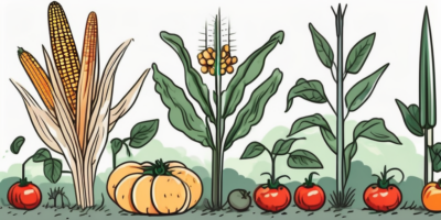 Various plants such as beans and squash growing harmoniously around a tall corn stalk