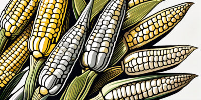 A field of mature silver king corn with a close-up of a ripe ear of corn