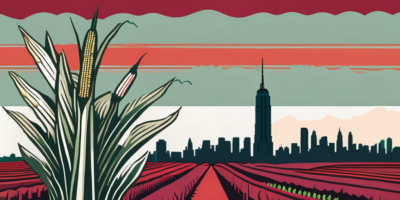 Ruby queen corn stalks growing in a field with recognizable new york landmarks in the background