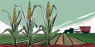 Ruby queen corn stalks thriving in a north carolina field with a calendar and gardening tools in the background to signify planting time and growing process