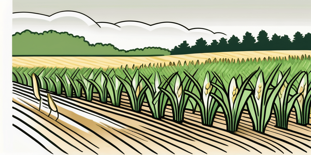 A lush cornfield in maine with a few corn plants in the foreground
