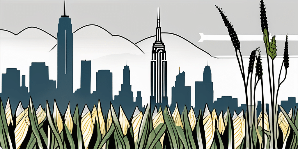 Silver king corn stalks growing in a field with prominent features of new york skyline in the background