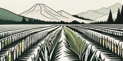 A scenic oregon landscape with rows of thriving trinity corn plants at different stages of growth