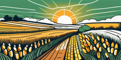 A vibrant cornfield with a sun setting in the background