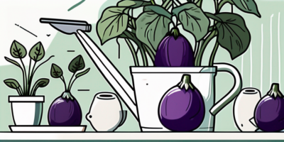 A lush eggplant plant with a few ripe eggplants hanging from it