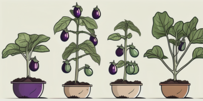 A kamo eggplant plant in various stages of growth