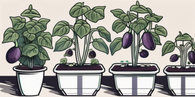 A shikou eggplant plant in various stages of growth