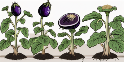 Shikou eggplants sprouting from seeds in a richly detailed garden setting