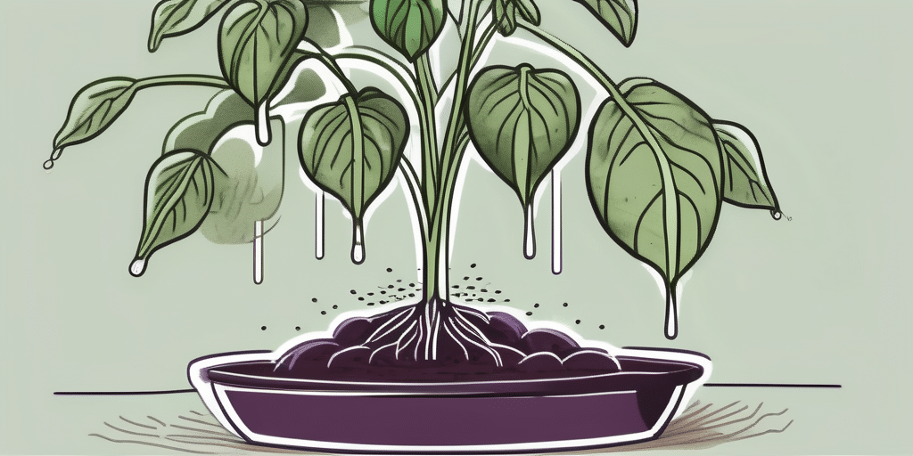 A shikou eggplant plant being watered