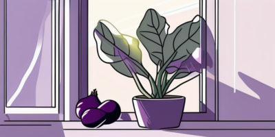 An indoor setting with a potted eggplant plant on a windowsill