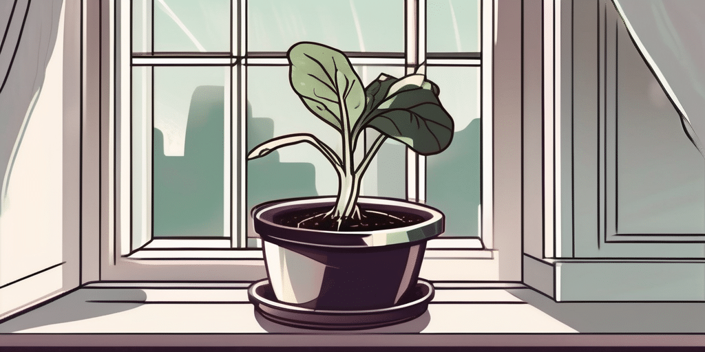 A kamo eggplant seedling in a pot placed on a windowsill