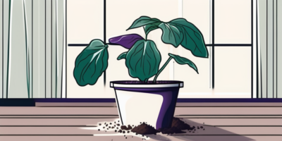 A shikou eggplant seedling in a pot placed near a bright window