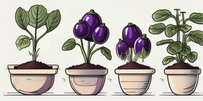 Various stages of eggplant growth in containers and pots
