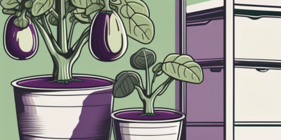 A green knight eggplant plant growing in a container with a few eggplants hanging from it