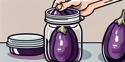 An eggplant being cut into slices and placed into a storage container