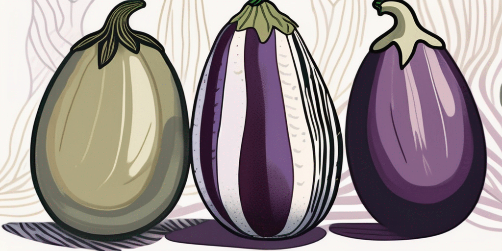 A kamo eggplant and a zebra eggplant side by side