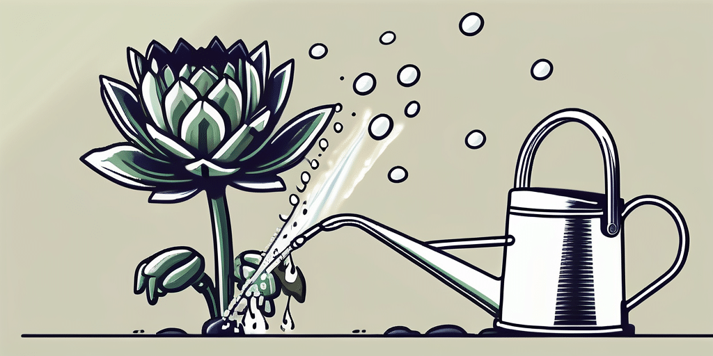 An artichoke plant being watered by a classic watering can