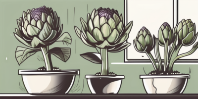 Several artichoke plants growing in indoor pots placed near a sunny window