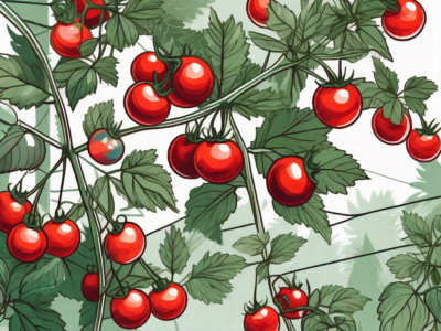 A lush cherry tomato plant with vibrant red fruits hanging from its branches