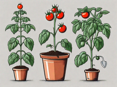 Various stages of a tomato plant's growth from a seed to a fully mature plant with ripe tomatoes