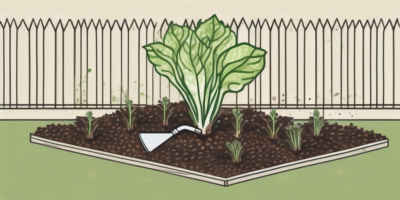 A speckled lettuce plant sprouting from seeds in a garden bed