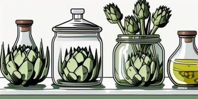 Fresh green globe artichokes being placed in a glass jar for preservation
