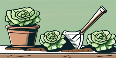 A mature may queen lettuce in a garden bed with a spade nearby and an empty pot filled with soil