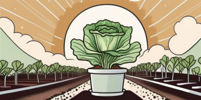 A speckled lettuce plant being carefully moved from a small pot to a larger garden bed