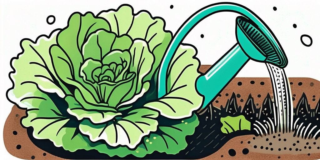 A watering can sprinkling water onto a patch of vibrant speckled lettuce in a garden setting