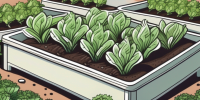 Simpson elite lettuce plants in a garden bed with a hand-held fertilizer spreader sprinkling granules around them