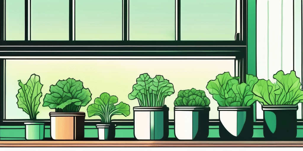 A well-lit indoor setting with pots of vibrant green lettuce growing on a window sill