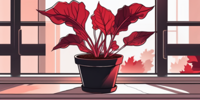 A pot with ruby lettuce sprouting indoors near a sunny window