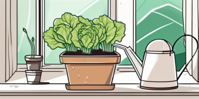 A pot with sucrine lettuce sprouting indoors
