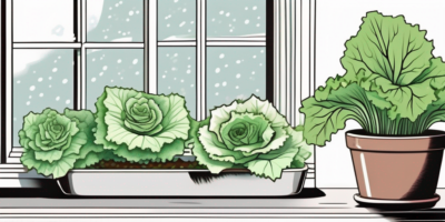 A pot of winter density lettuce growing near a window inside a room