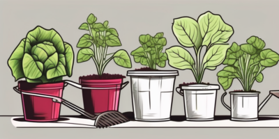 Ruby lettuce growing in various stages in a series of containers and pots