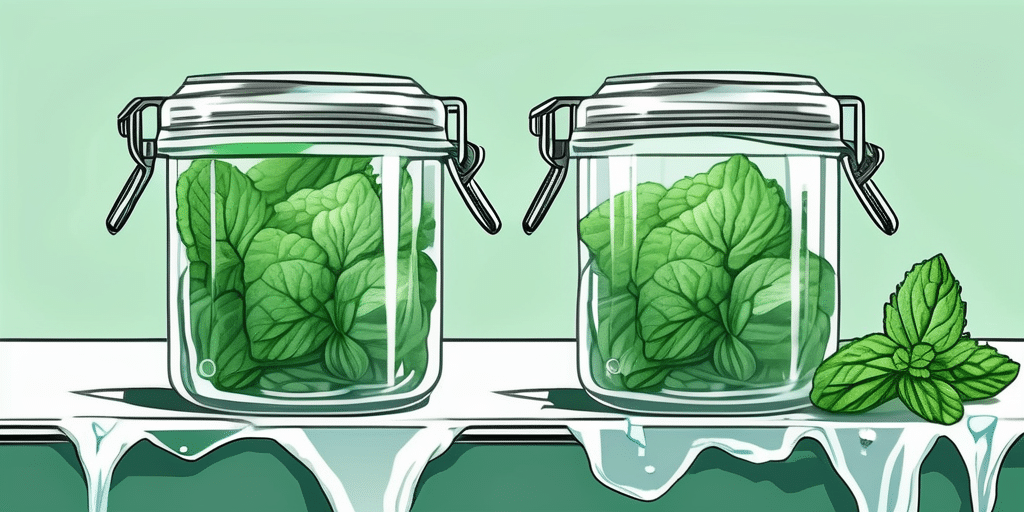 Fresh mint lettuce being stored in a glass container with a lid