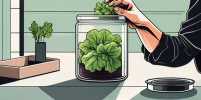 Fresh oak leaf lettuce being carefully placed in a glass container with a lid