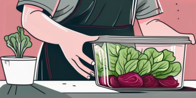 Fresh ruby lettuce being carefully placed in an airtight container