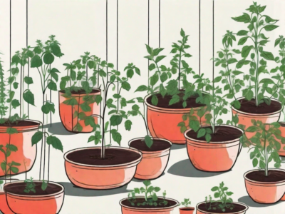 Different sized pots with tomato plants of varying growth stages