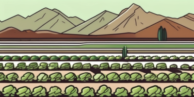 A sunlit arizona landscape with rows of thriving sucrine lettuce plants in the foreground